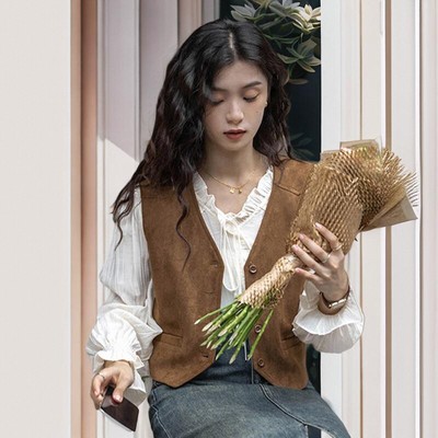 春夏麂皮新无袖马夹百搭开衫V领