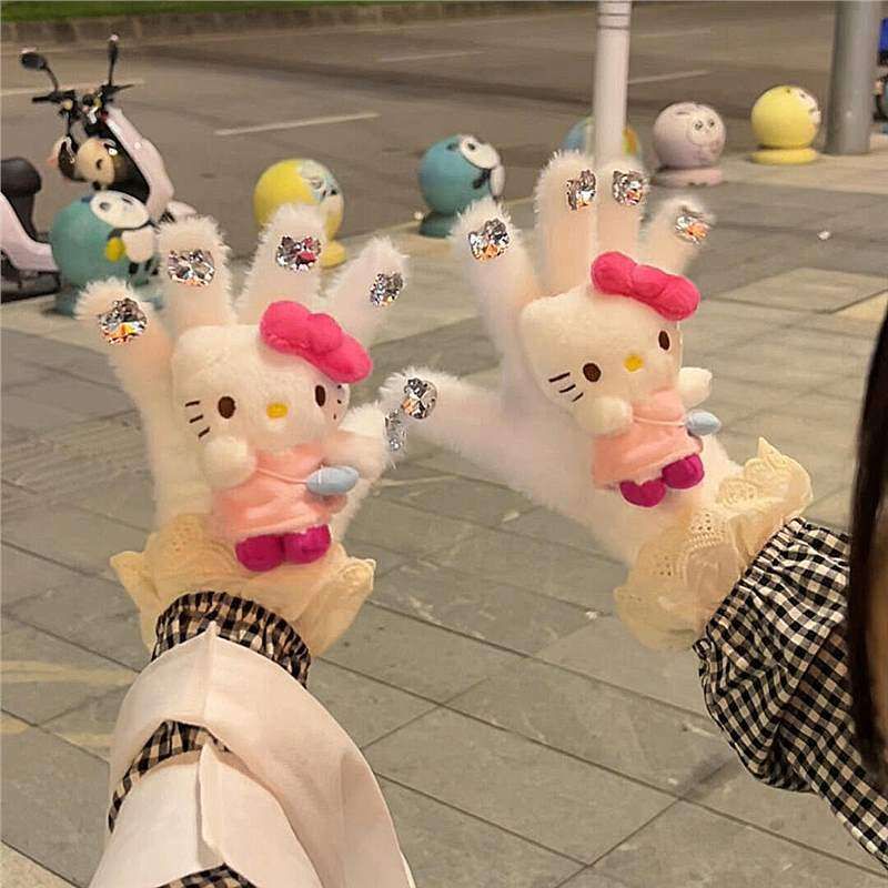 钻手套带冬天秋冬季白色kthellokitty毛绒女生kitty猫可爱手套