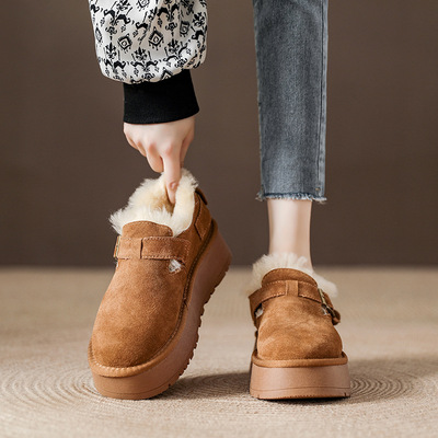 面包鞋冬季2024新款东北大棉鞋女保暖羊毛雪地靴厚度真皮勃肯鞋女