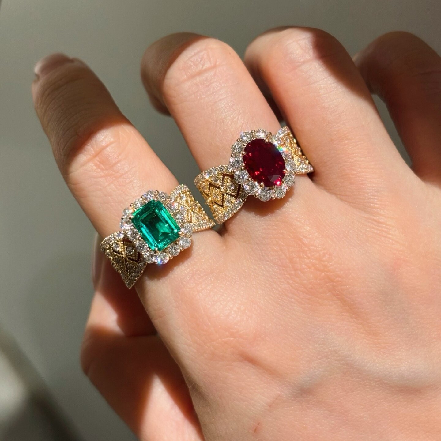 18K黄金培育钻红宝石祖母绿复古风戒指 人工人造合成钻石婚戒彩宝