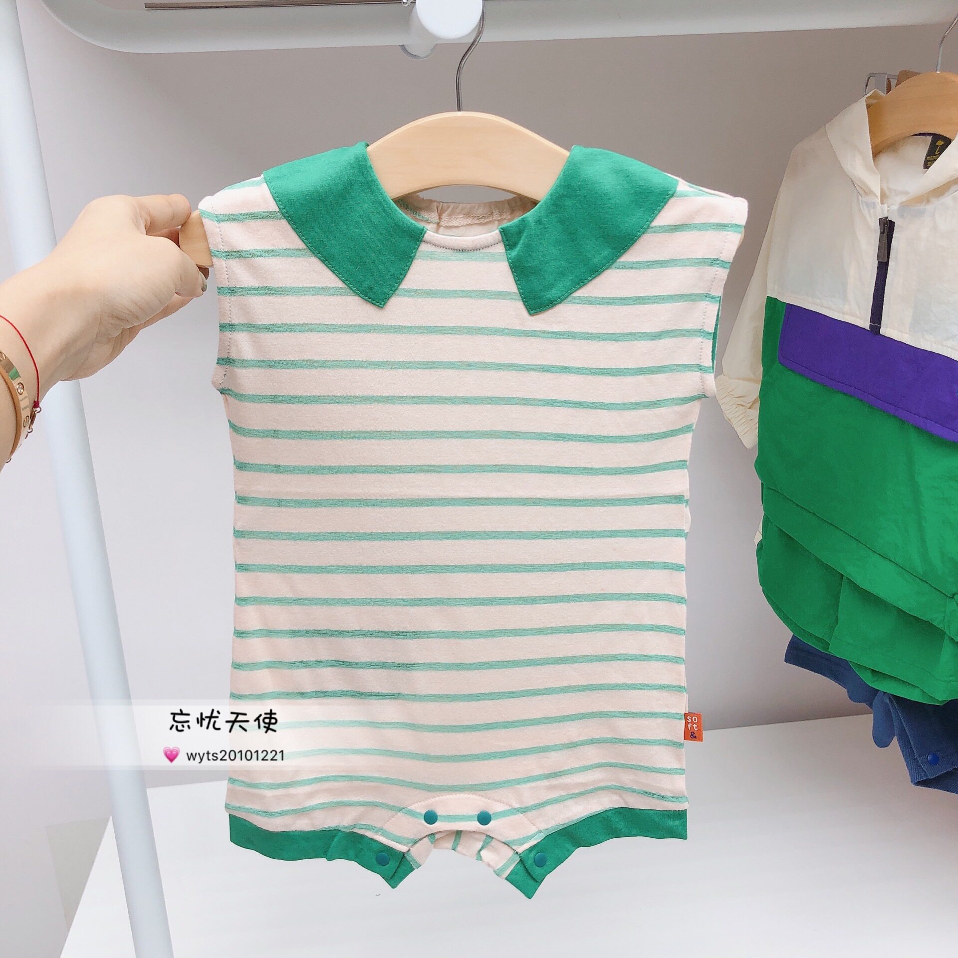 韩国中小童装 夏新款男女宝宝绿色条纹纯棉薄软连体衣 爬服哈衣