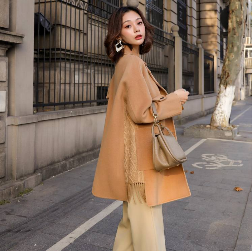 毛线袖双面羊绒大衣女2020新款显瘦流苏小个子韩版西装羊毛呢外套