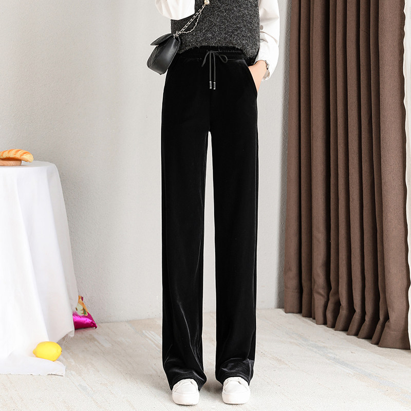 金丝绒阔腿裤女高腰垂感2020新款宽松黑色直筒裤秋冬加绒拖地裤子