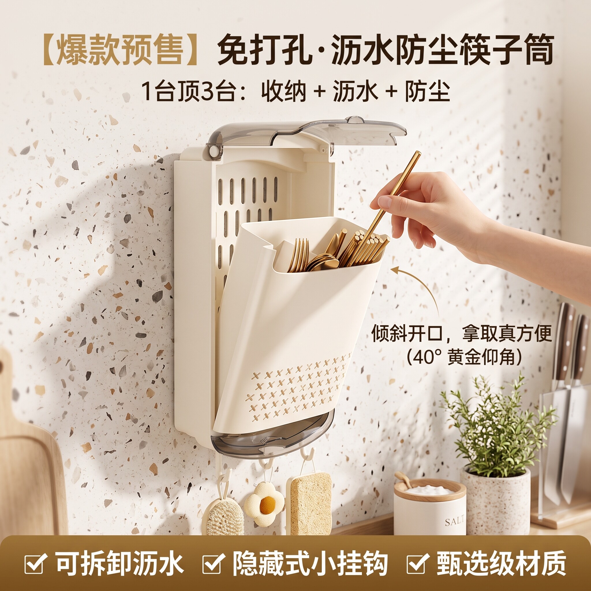 筷子筒筷笼塑料挂墙式沥水餐具收纳盒免打孔厨房置物架壁挂收纳桶