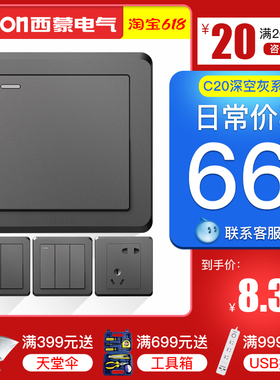 西蒙开关插座C20荧光灰系列一开五孔面板电源86型暗装墙壁家用