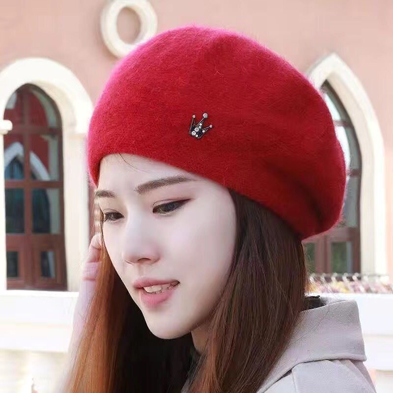 帽子女韩版冬天兔毛贝雷帽韩国毛线帽针织帽加绒加厚保暖护耳帽