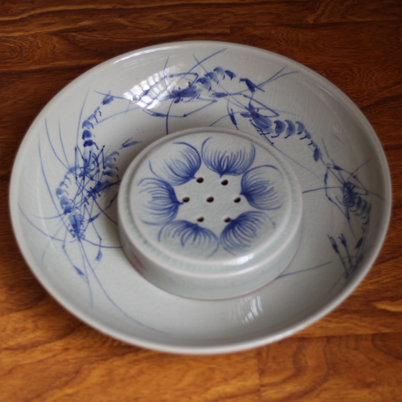 云南壶承陶瓷茶盘青花手绘虾茶具