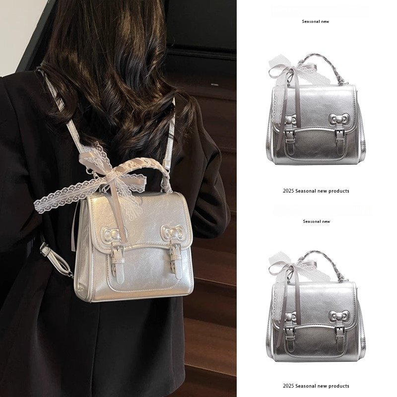 银色双肩三用包包女式2025新款高级质感轻奢小众设计感超火小拎包