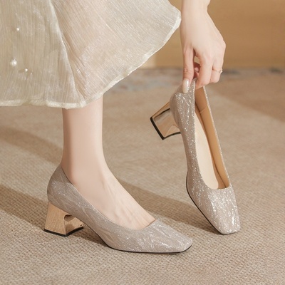 法式绝美高跟鞋女2025新款方头粗跟不累脚单鞋主婚纱两穿新娘婚鞋