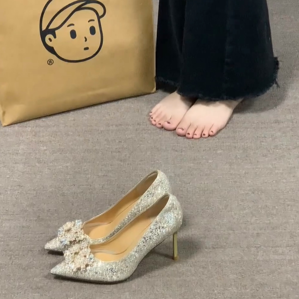 法式绝美亮片高跟鞋女水钻方扣仙女风水晶鞋秀禾婚纱两穿新娘婚鞋