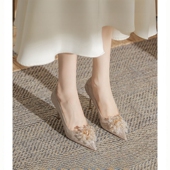 香槟色婚鞋 女 金色订婚细跟高跟鞋 主婚纱秀禾两穿敬酒水晶鞋 新娘鞋