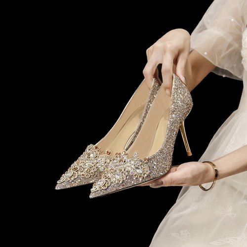 绝美水晶婚鞋女法式高级感亮片新娘鞋18岁成人礼主婚纱尖头高跟鞋