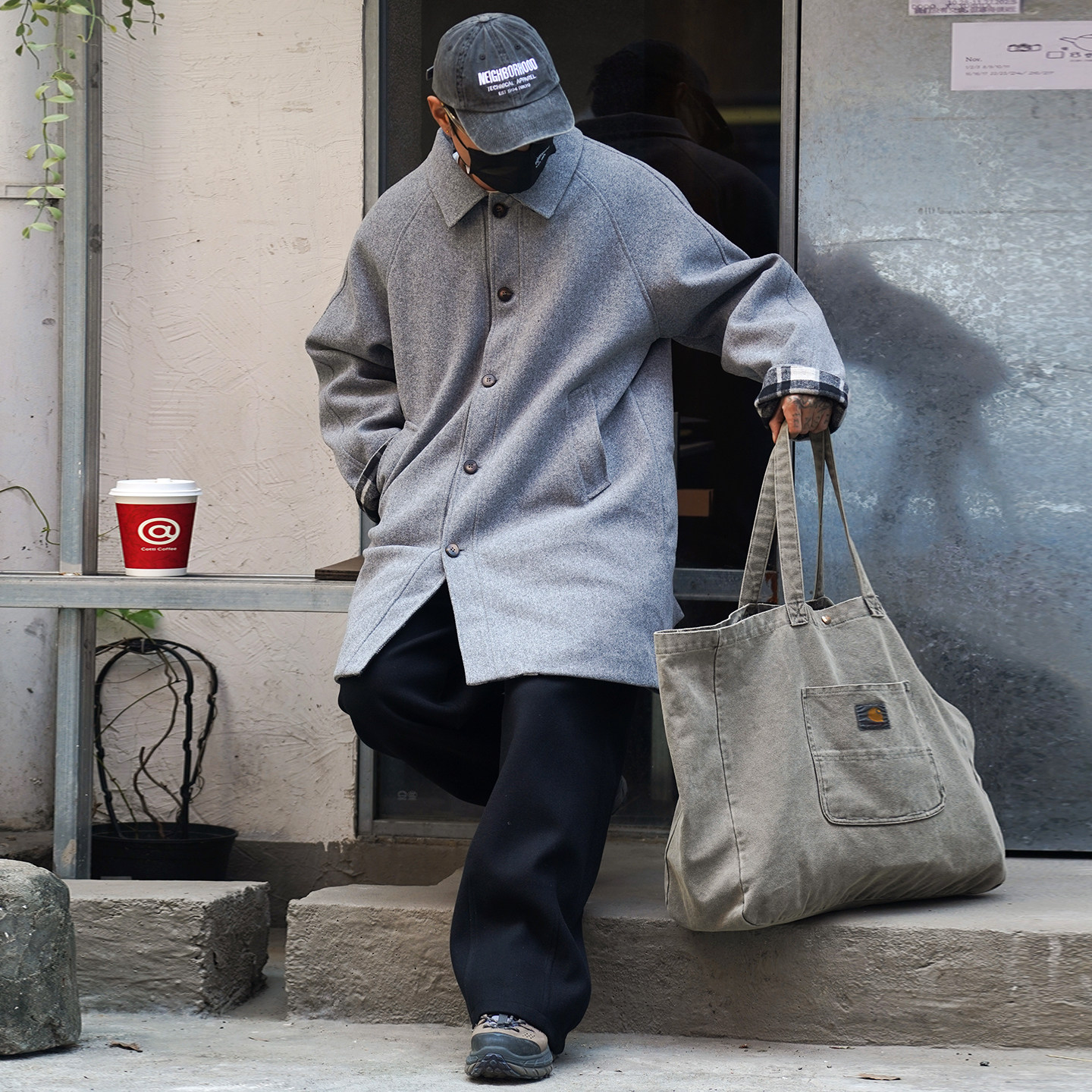 日系老钱风格子毛呢中长大衣