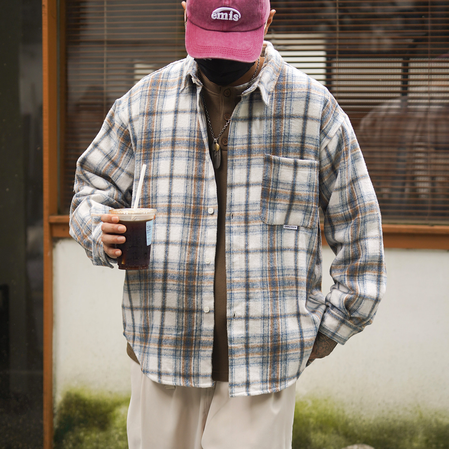 春秋新款日系复古长袖格子衬衫