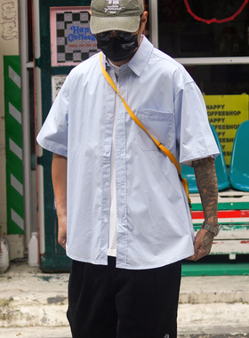 Propcell夏季新款日系简约弧形潮流短袖衬衫宽松休闲纯色衬衣外套