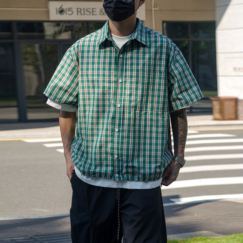 日系复古城boy抽绳格子短袖衬衫