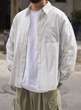 Propcell春秋新款日系工装风复古条纹长袖衬衫男薄款潮流衬衣外套