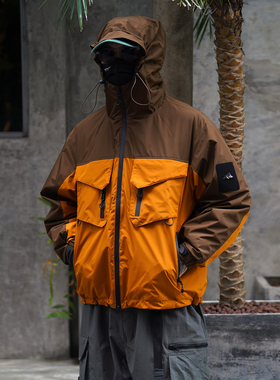 户外机能工装风连帽白鸭绒冲锋衣三合一羽绒服多口袋拼色保暖外套