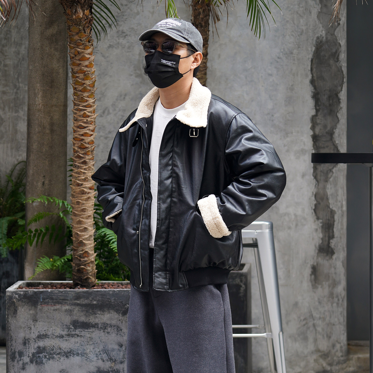 美式复古毛领PU加厚机车皮衣男