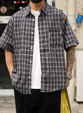 PROPCELL26新款日系复古格子短袖衬衫男宽松休闲cityboy衬衣外套