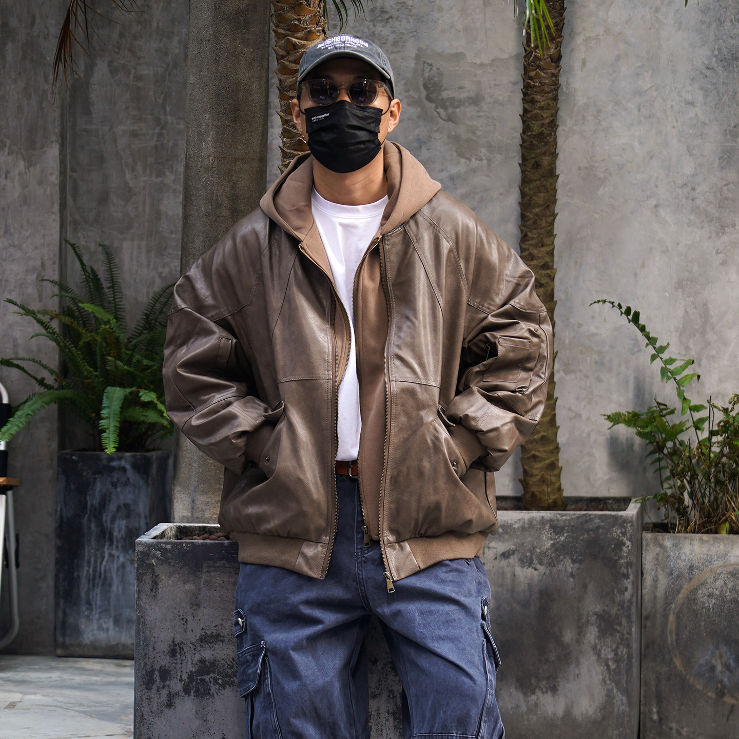 美式复古连帽假两件白鸭绒皮衣