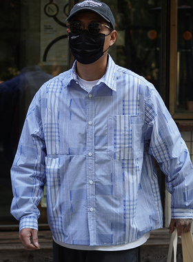 PROPCELL24春季新款日系复古拼接格子长袖衬衫百搭男衬衣休闲外套