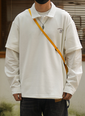 PROPCELL日系复古字母印花假两件POLO衫秋季新款Cityboy长袖T恤男