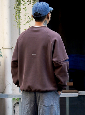 PROPCELL26春秋加绒分割袖日系百搭加绒复古套头卫衣潮流宽松外套