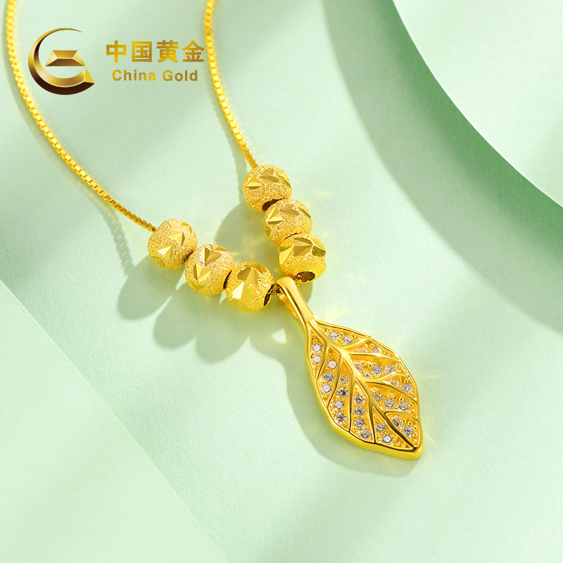中国黄金女925银转运珠树叶可调节套链纯银项链送女友闺蜜礼物