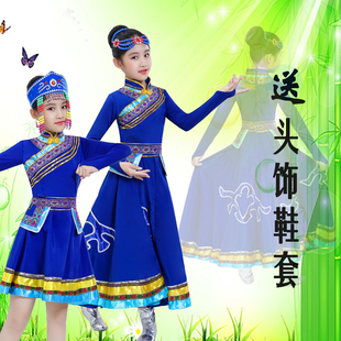 新款蒙古儿童舞台表演服饰少数民族蒙族筷子舞顶碗舞服装女裙袍