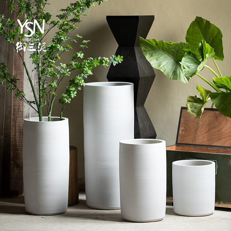 御三泥白色现代简约陶瓷花盆装饰北欧绿植大口高深款创意花瓶摆件