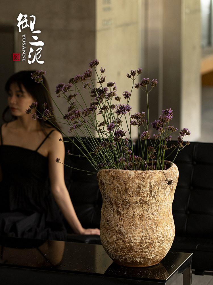 玉山陶瓷花盆粘土粗陶中国覆古花瓶绿色植物种植花盆装饰摆件大嘴