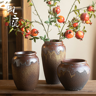 景德镇复古做旧粗陶罐侘寂风插干枝摆件家居玄关茶室养鲜花插花器