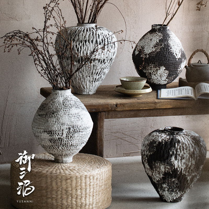 高级复古怀旧手工陶瓷花瓶粗陶瓶插花民宿酒店侘寂风禅意摆件花器,家居饰品,家饰软装搭配套装,淘宝优惠券,粉丝福利购,淘宝优惠卷