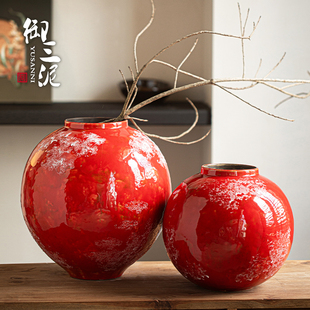 景德镇新中式红色陶瓷花瓶客厅插花摆件样板间民宿玄关高级感装饰