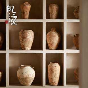 高级感装 饰墙格子手工粗陶花器陶罐花瓶纯手作复古侘寂风摆件罐子