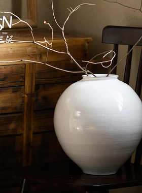 御三泥禅意插花可水培民宿装饰陶瓷侘寂花瓶复古月亮瓶白色陶摆件