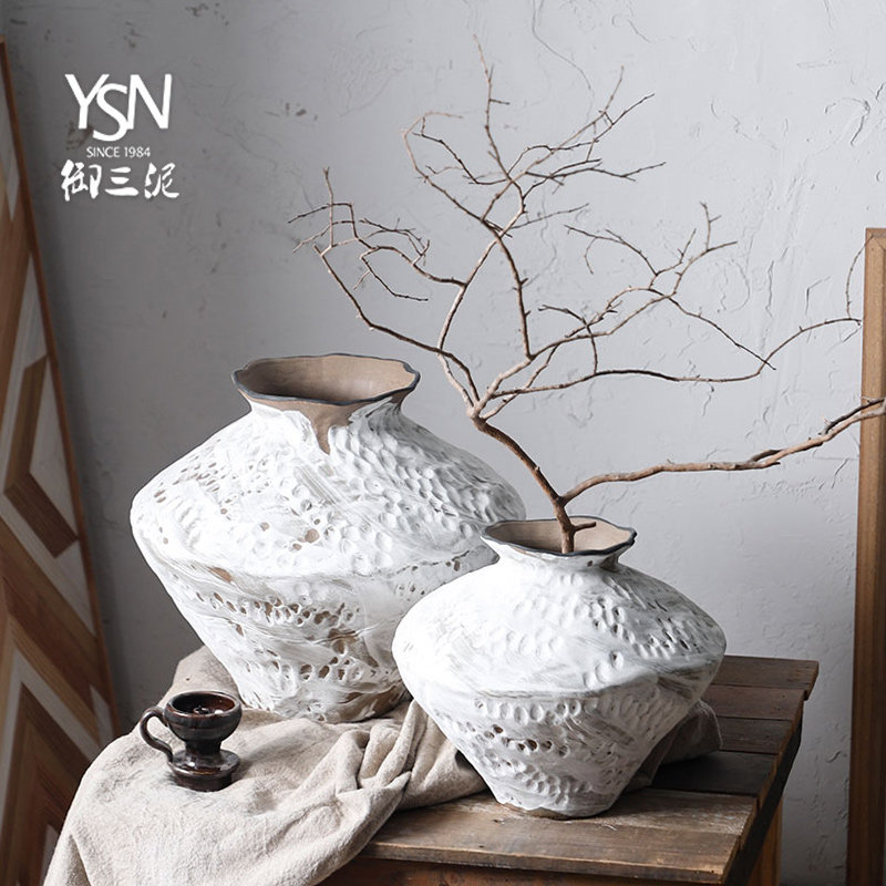 御三泥陶瓷花瓶酒店侘寂风粗陶瓶手工民宿禅意冬白霜插花复古怀旧,家居饰品,花瓶,淘宝优惠券,粉丝福利购,淘宝优惠卷