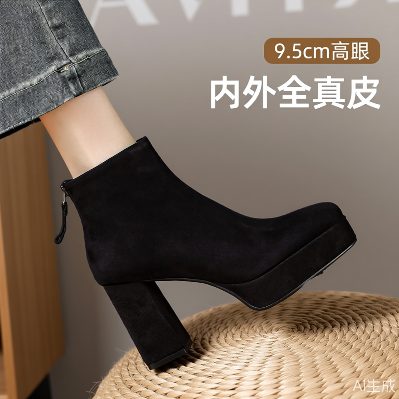 内外全皮防水台粗跟短靴女秋冬新款韩版方头磨砂真皮黑色高跟矮靴