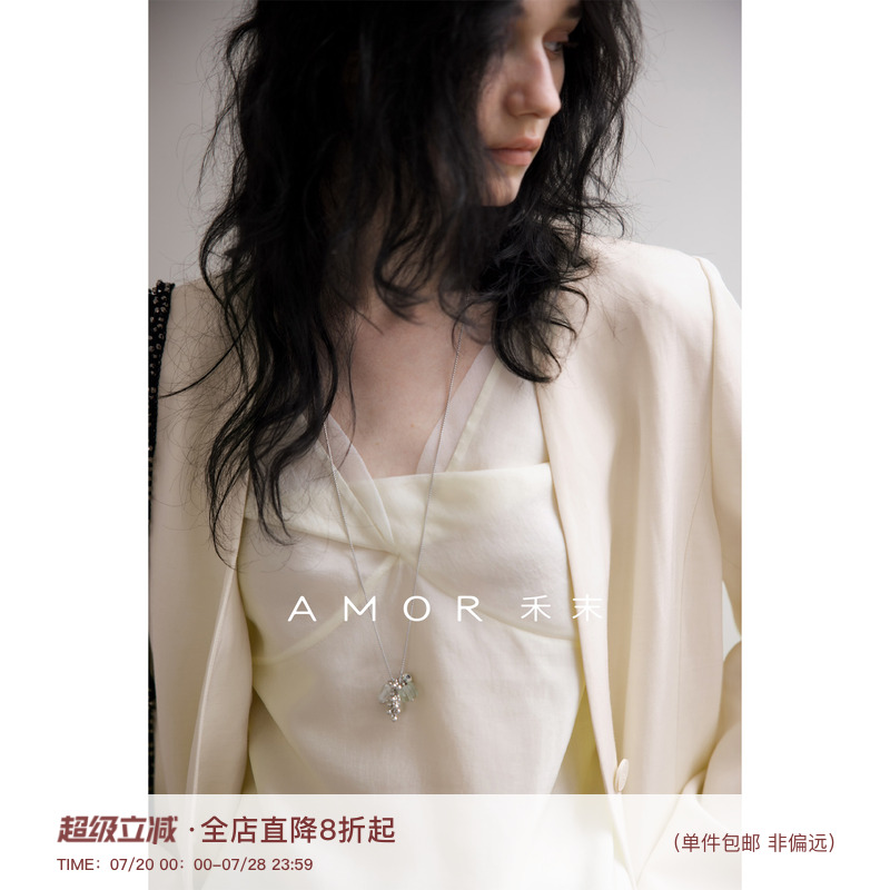 AMOR禾末 微光泽铜氨丝纱线气质无袖双层扭结设计V领衬衫上衣女夏