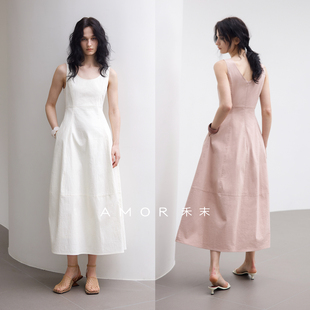 AMOR禾末 气质收腰显瘦花苞连衣裙女夏 简约立裁U领无袖 背心裙法式