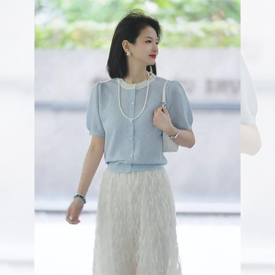 小个子蓝色泡泡袖针织冰丝短款上衣女夏季独特超好看正肩短袖t恤