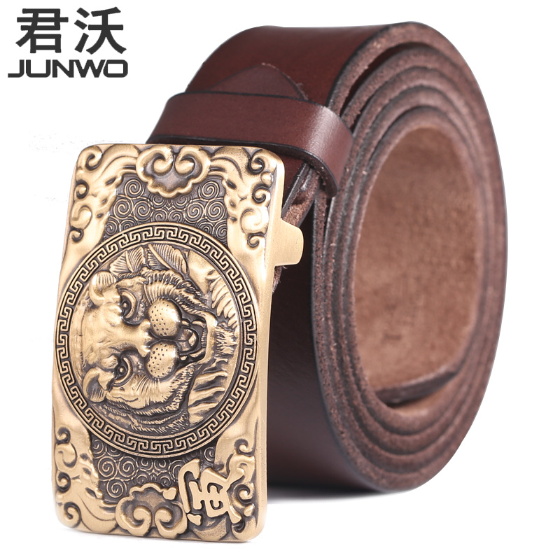个性男士皮带真皮老虎头铜扣平滑扣皮带纯牛皮休闲板扣腰带复古潮