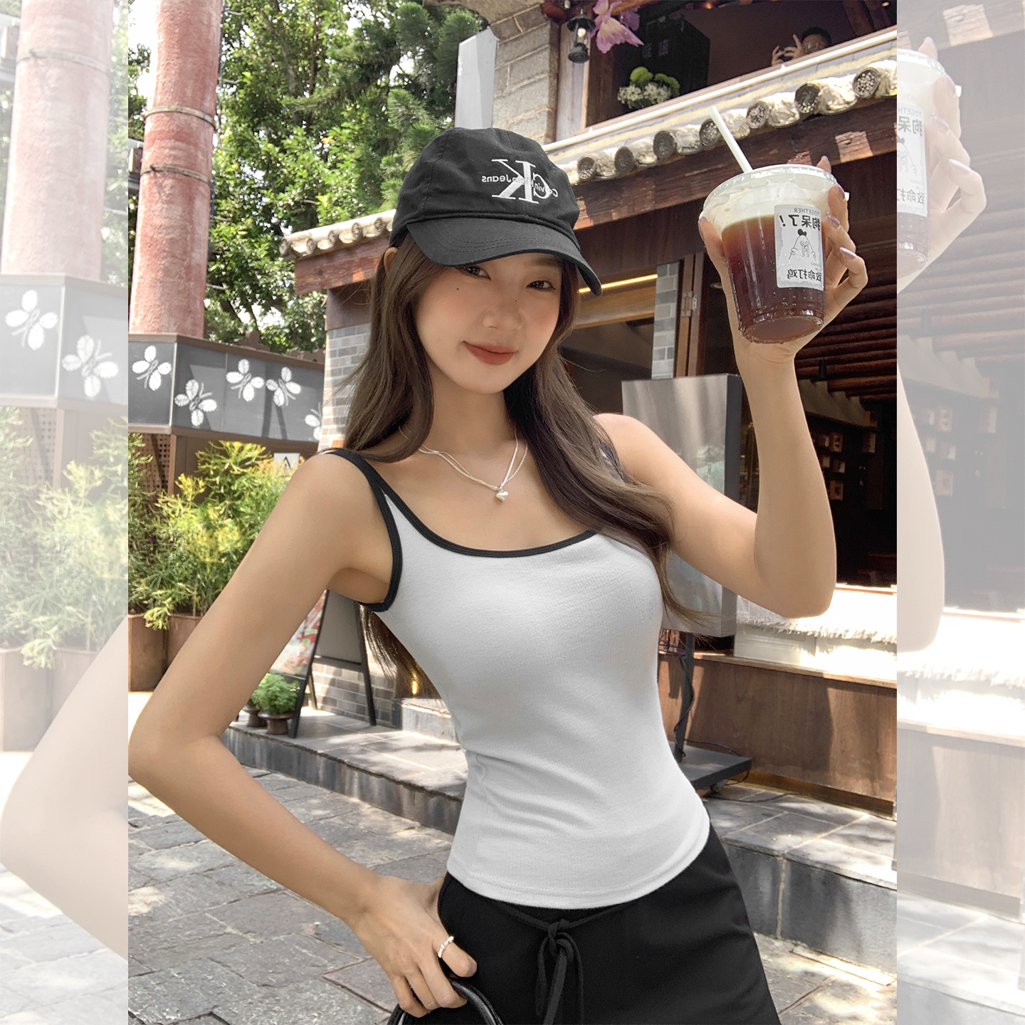 实拍实价美式酷辣妹U型露背吊带背心外穿带胸垫美背打底内搭上衣