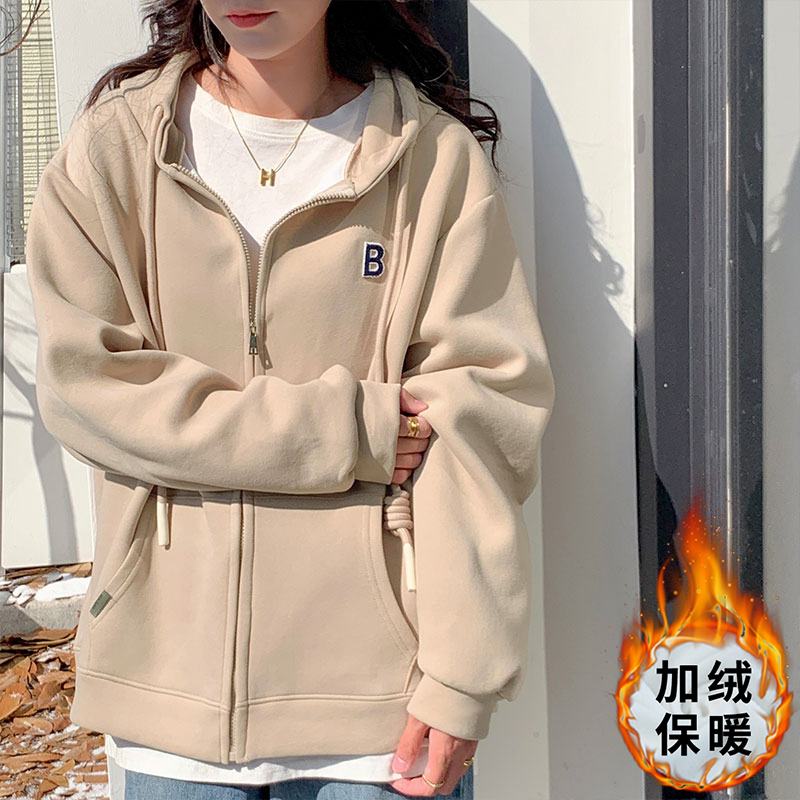实拍实价连帽卫衣女秋冬韩版慵懒风宽松加绒开衫拉链休闲外套上衣