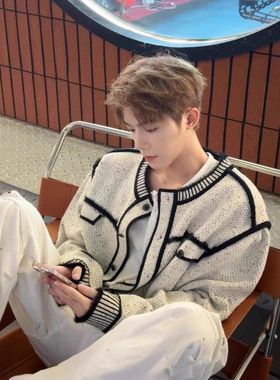 灰色小香风夹克外套潮牌欧美街头cleanfit秋冬季圆领针织开衫毛衣