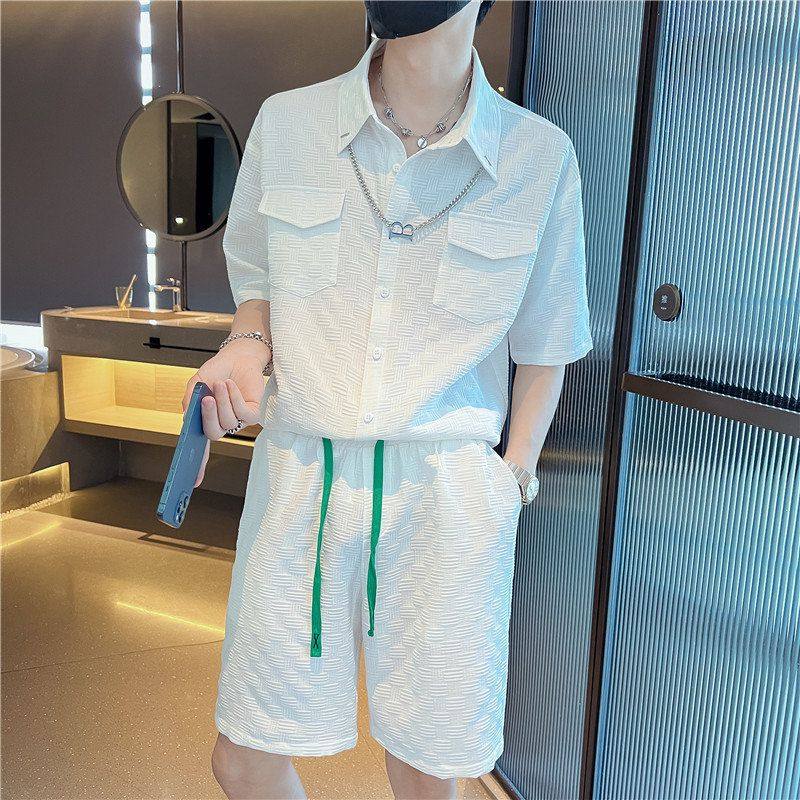 短袖衬衫套装男士夏季2022新款痞帅潮流发型师短裤时尚潮牌两件套,男装,其他套装,淘宝优惠券,粉丝福利购,淘宝优惠卷