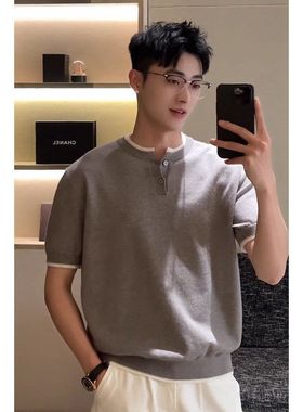 假两件灰色亨利领正肩T恤男款针织POLO衫短袖轻熟风穿搭收腰半袖