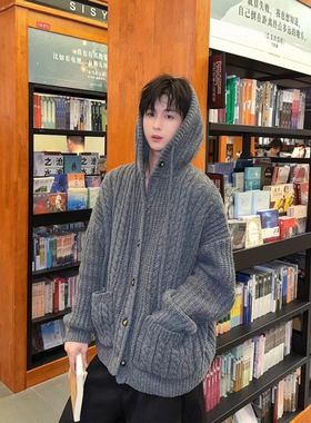 深灰色美式复古连帽开衫毛衣男款冬季韩系慵懒风高级感针织衫外套