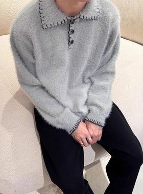 灰色手缝刺绣Polo领毛衣男款秋冬季氛围感cleanfit慵懒针织衫上衣